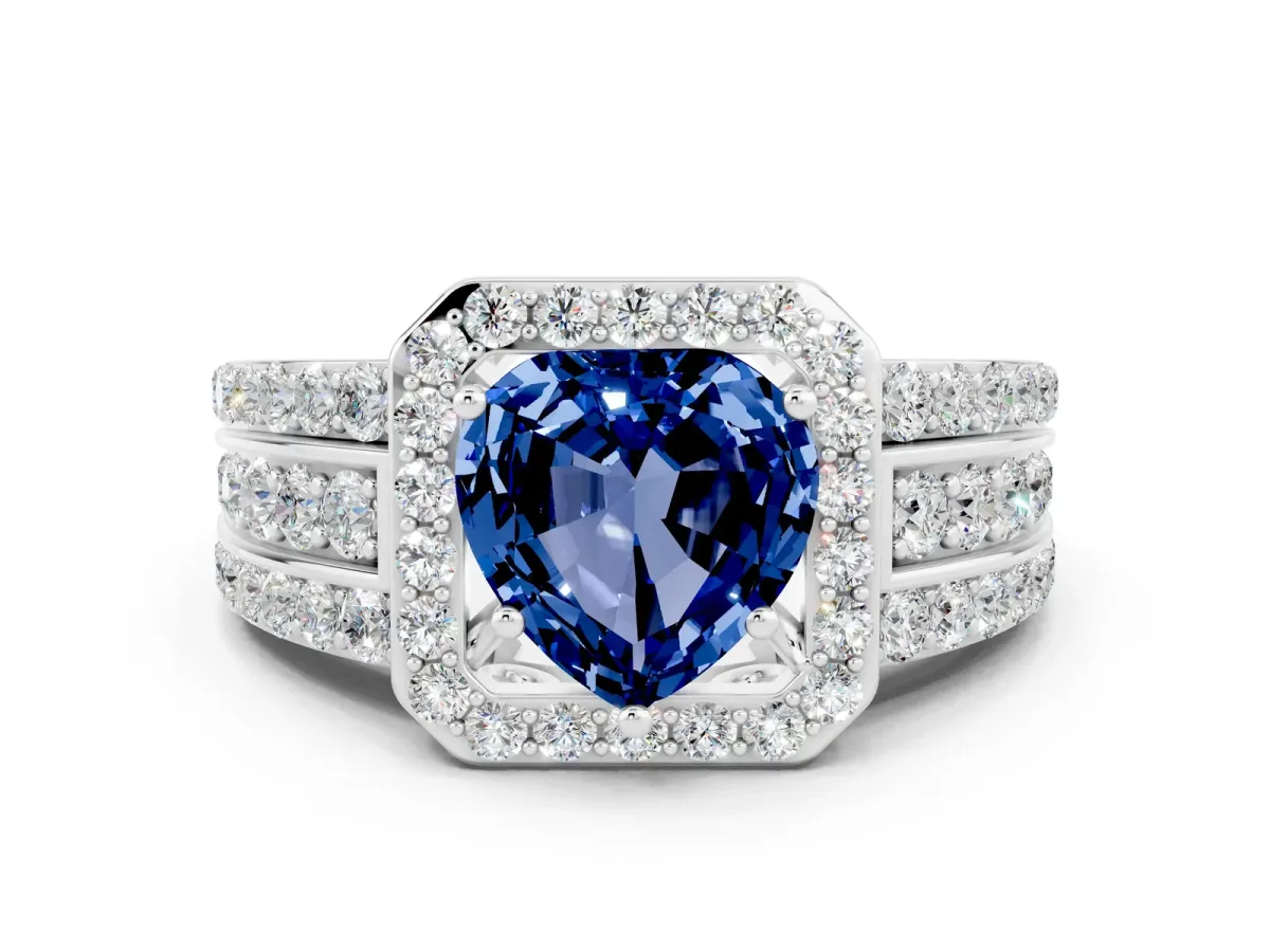 Heart Cut Halo Blue Sapphire Ring with Round Split Shank and Prong Setting Platinum
