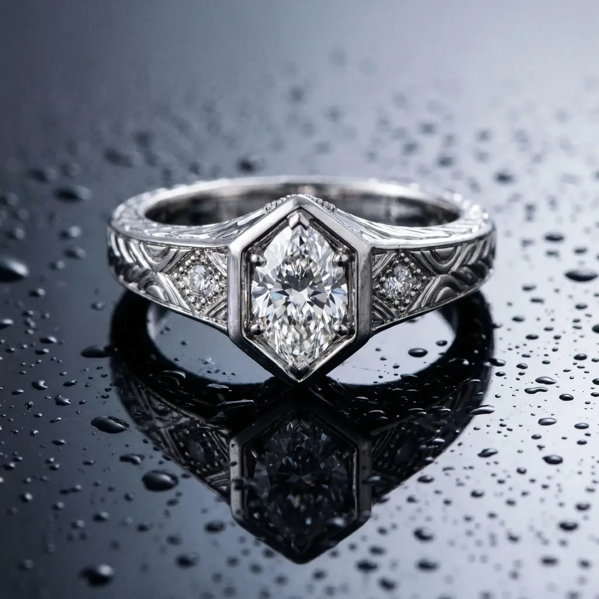 Hexagonal Bezel Marquise Cut Diamond Engraved Band Prong Ring Platinum