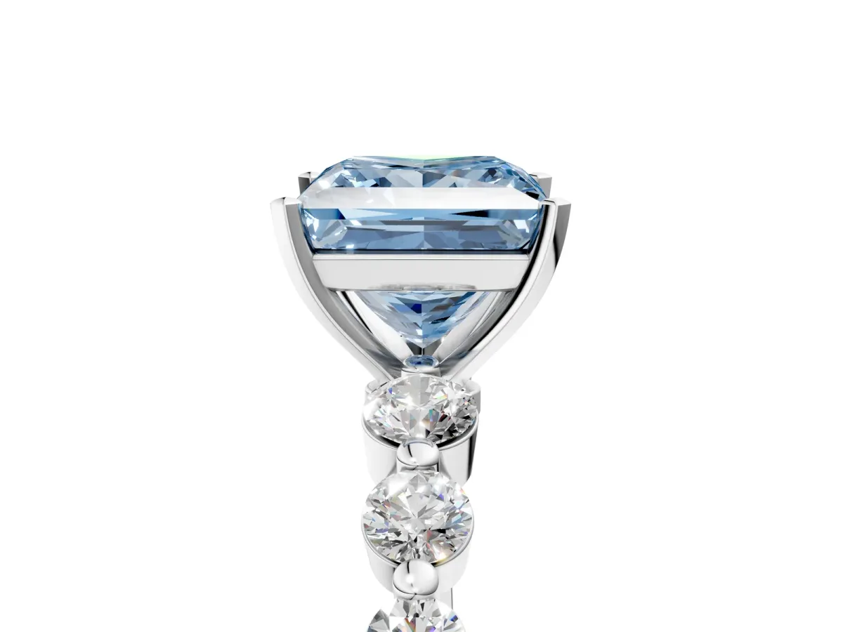 Fancy Blue Princess Cut Solitaire Diamond Ring with Pave Band and Four-Prong Setting Silver