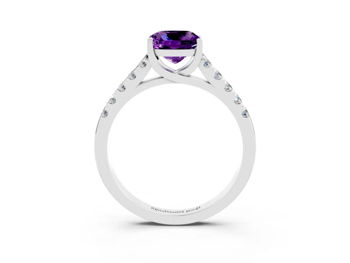 Cushion Cut Amethyst Pavé Band Solitaire Ring with Prong Setting Platinum