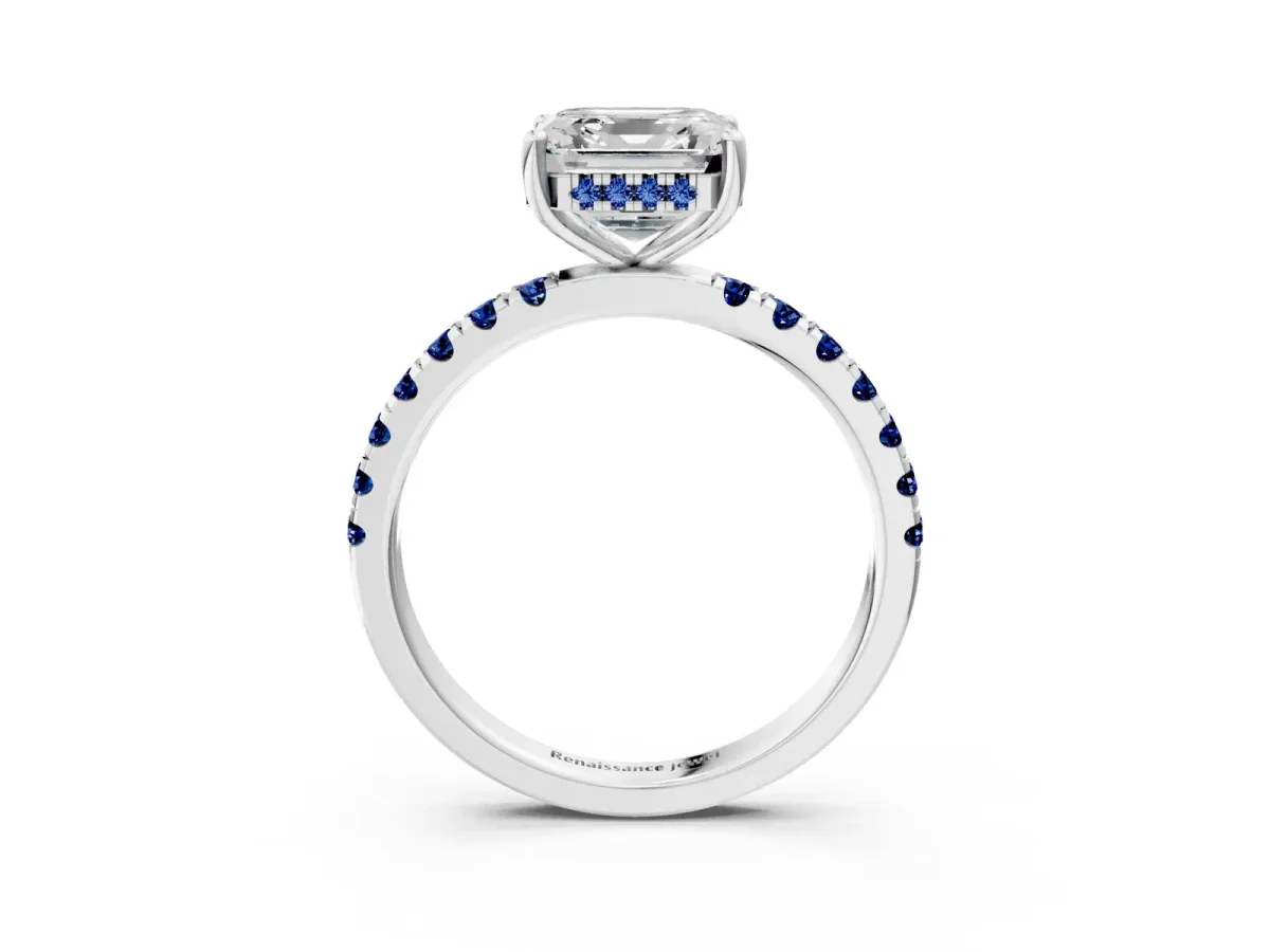 Asscher Cut Diamond Pave Band Solitaire Ring with Round Blue Sapphire and Prong Setting Silver