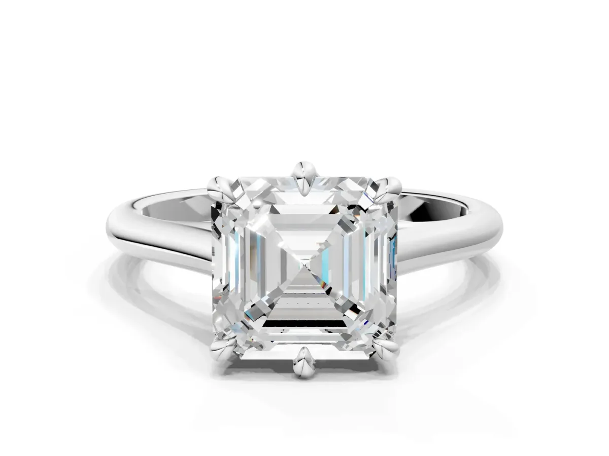 Asscher Cut Solitaire Engagement Ring with Six-Prong Setting and Classic Band Platinum