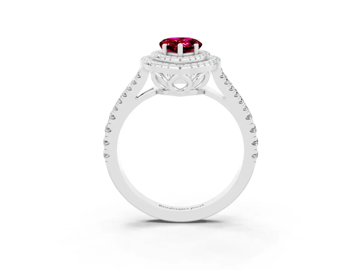 Pear Cut Garnet Double Halo Ring with Pavé Band and Prong Setting Silver