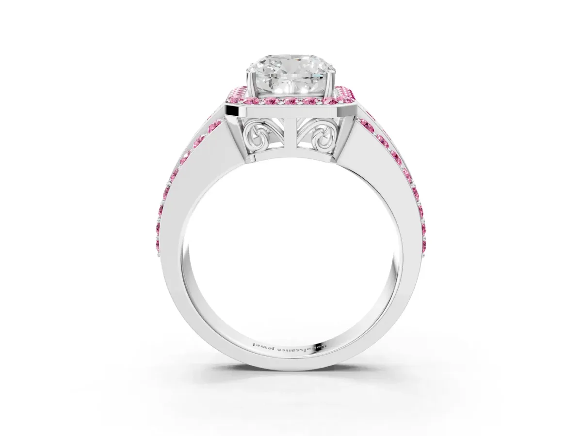 Cushion Cut Halo Diamond Ring with Round Pink Sapphire Split Shank and Prong Setting Silver