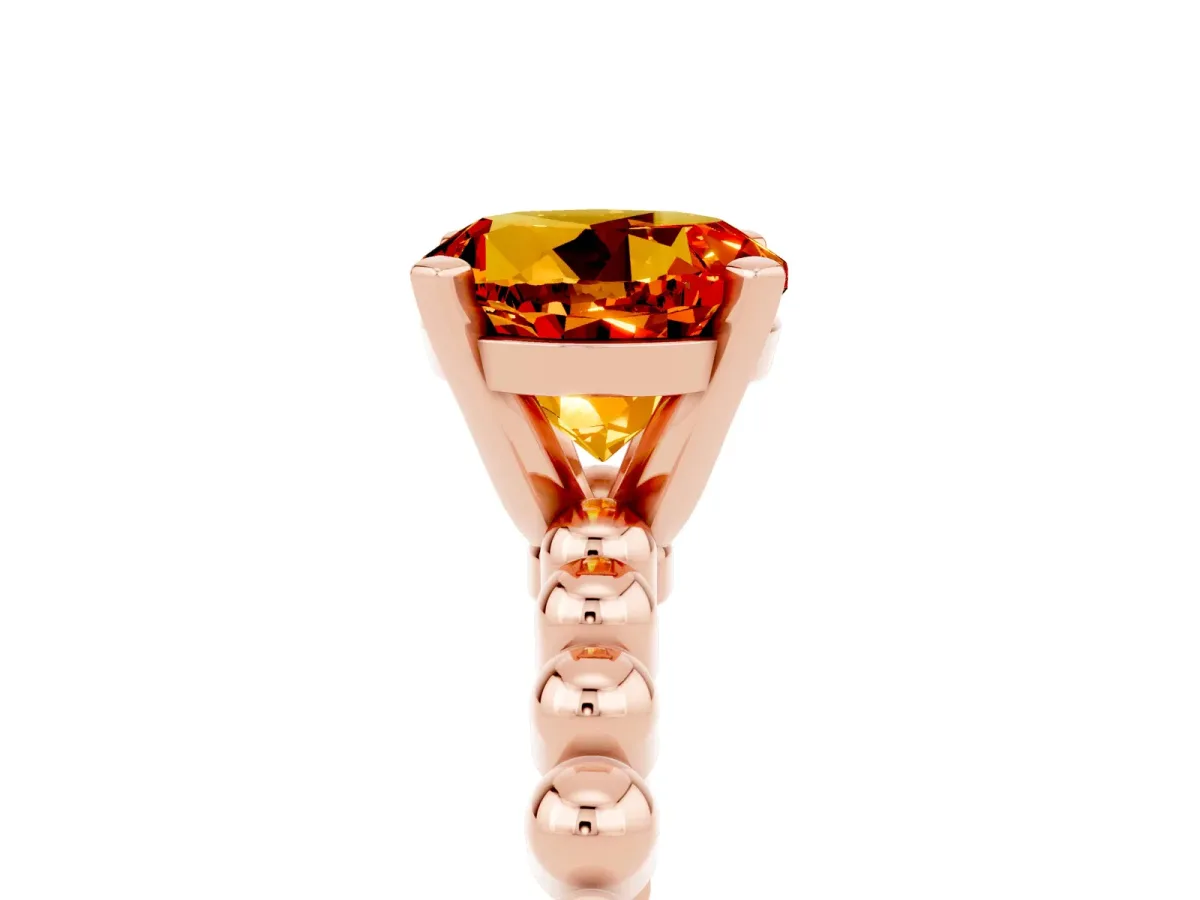 Round Cut Citrine Solitaire Ring with Beaded Band and Prong Setting Rose gold