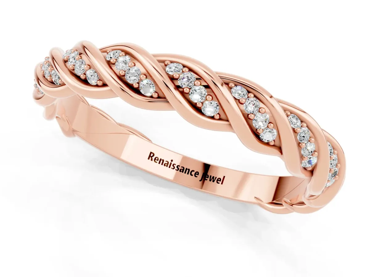 Twisted Pavé Round Moissanite Eternity Band with Shared Prong Setting Rose gold