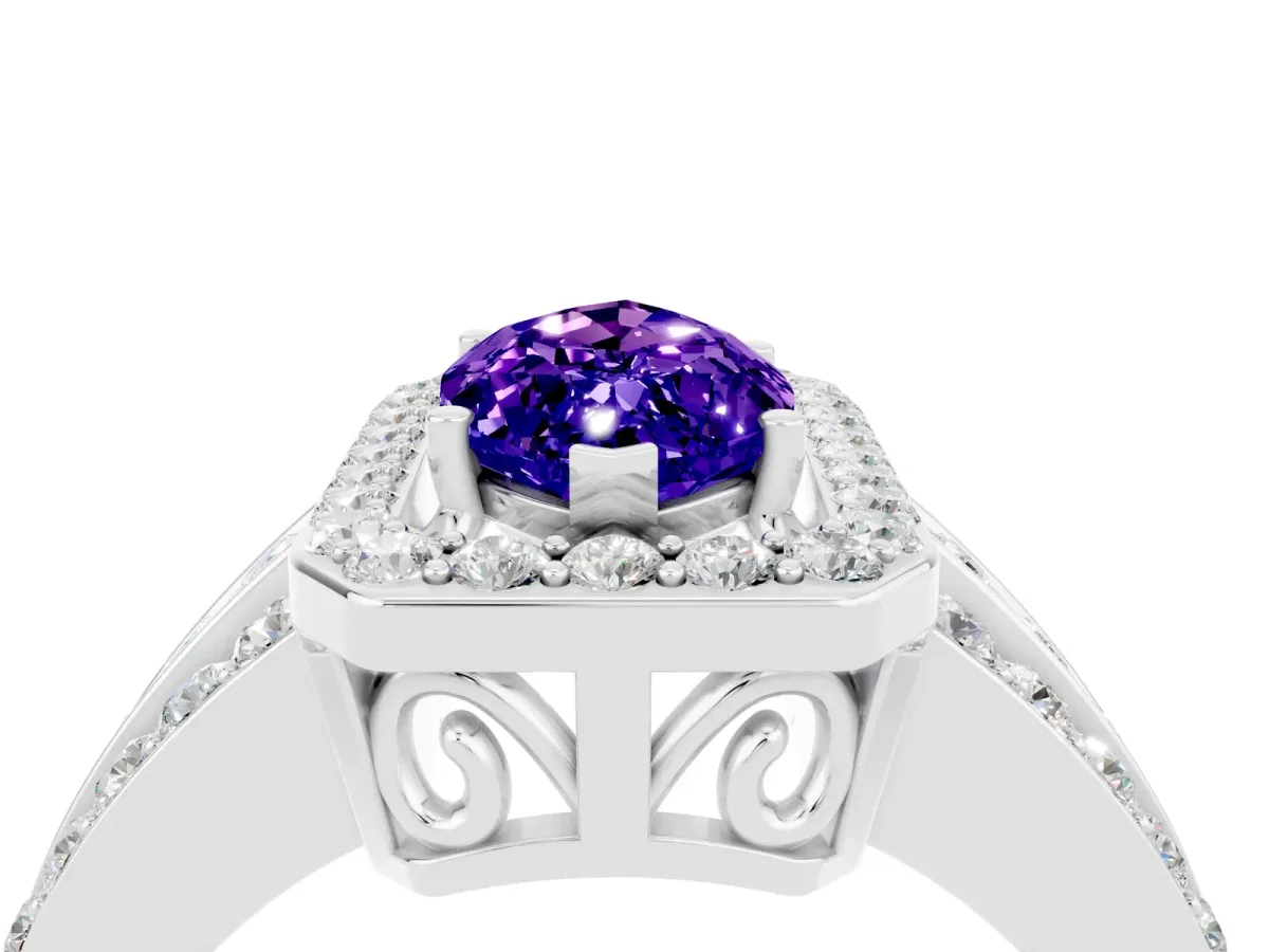 Marquise Cut Halo Tanzanite Ring with Round Split Shank and Prong Setting Silver