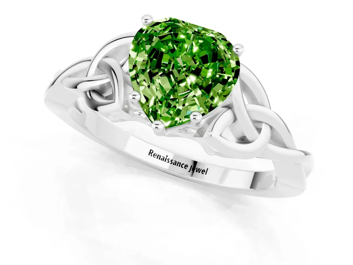Heart Cut Peridot Solitaire Engagement Ring with Celtic Knot Band and Four-Prong Setting Silver