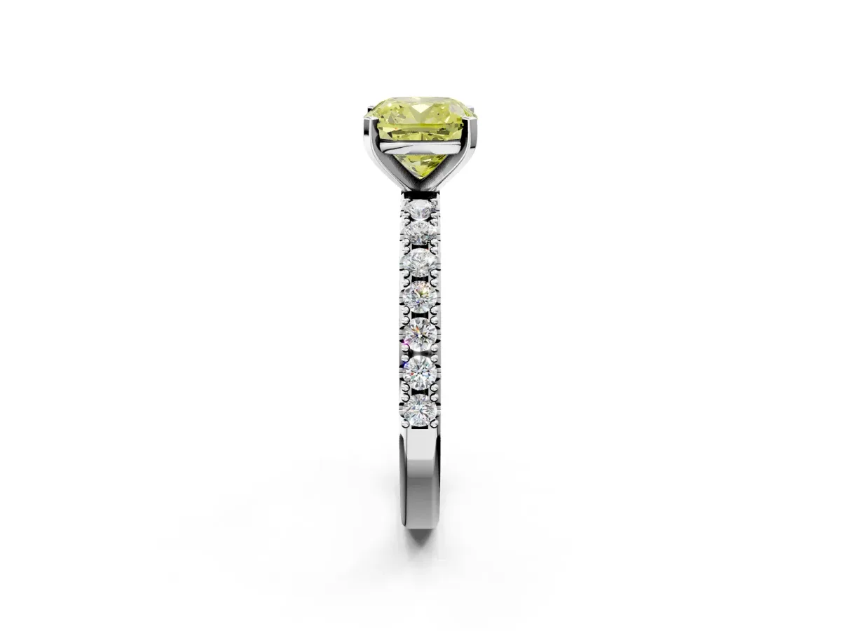 Fancy Yellow Cushion Cut Diamond Solitaire Pavé Band with Four-Prong Setting Silver