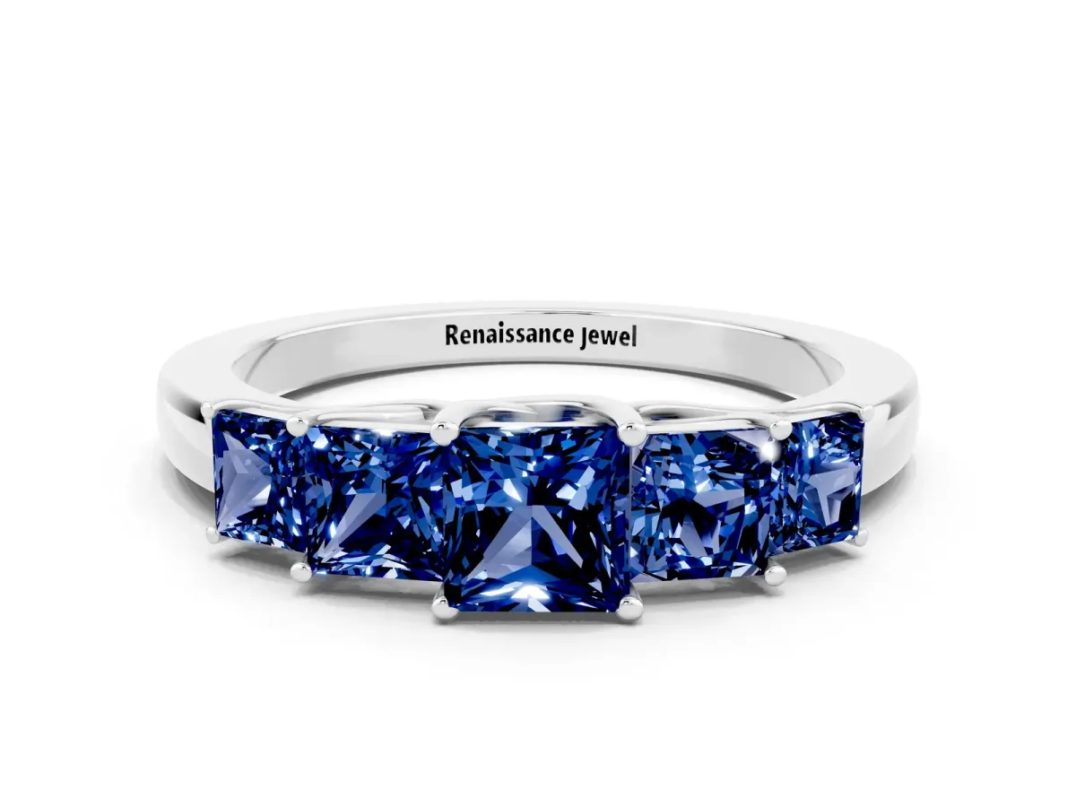 Princess Cut Five-Stone Blue Sapphire Ring with Classic Prong Setting White gold