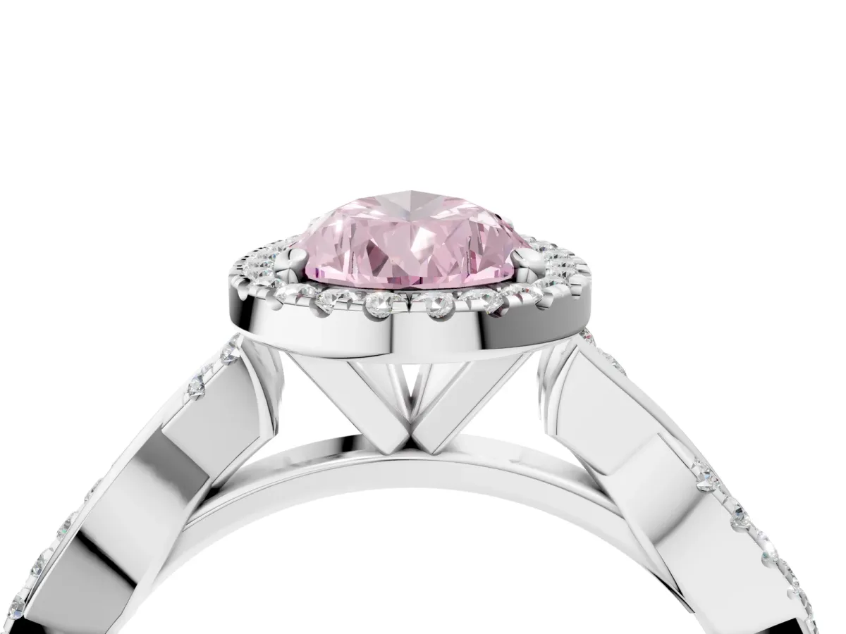 Fancy Pink Pear Cut Cut Halo Twisted Band Four-Prong Ring Platinum