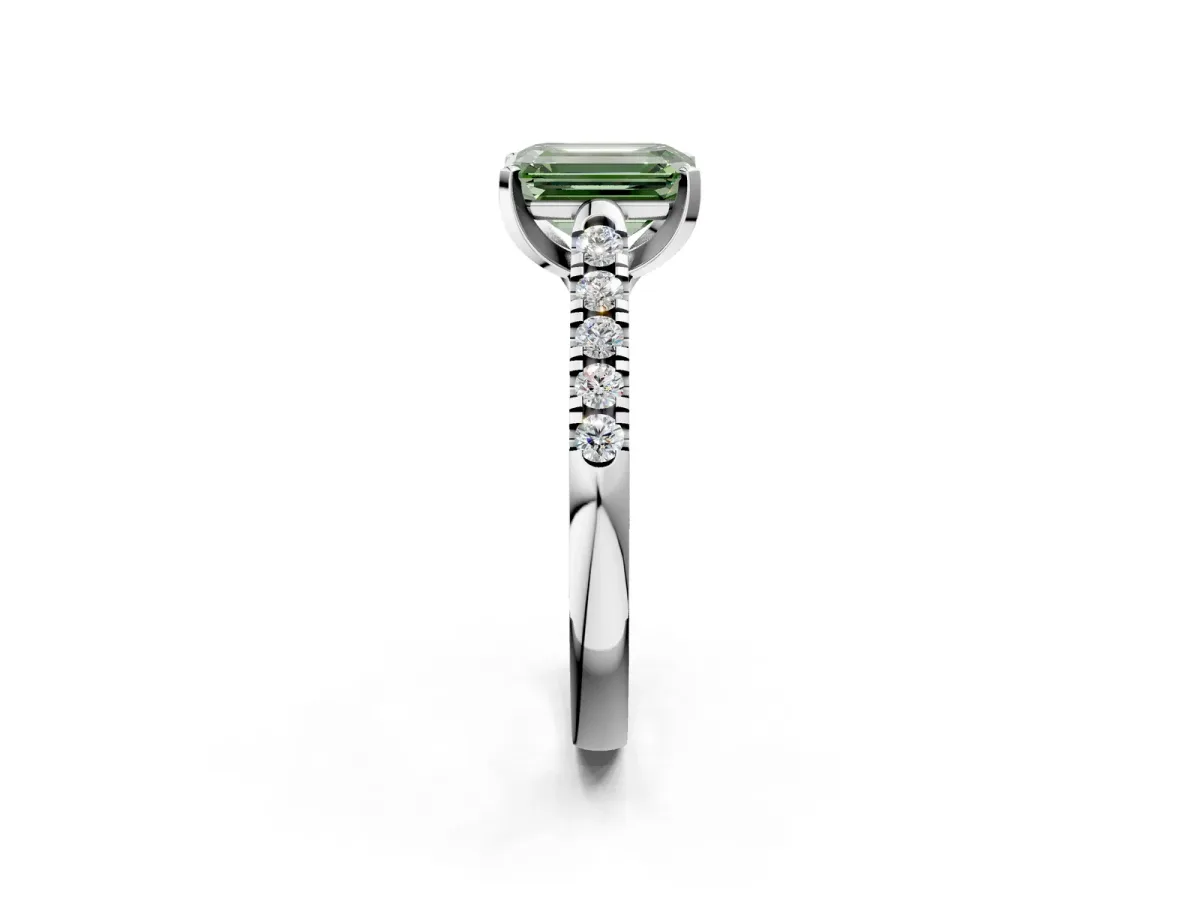 Fancy Green Emerald Cut Diamond Pavé Band Solitaire Ring with Prong Setting Platinum
