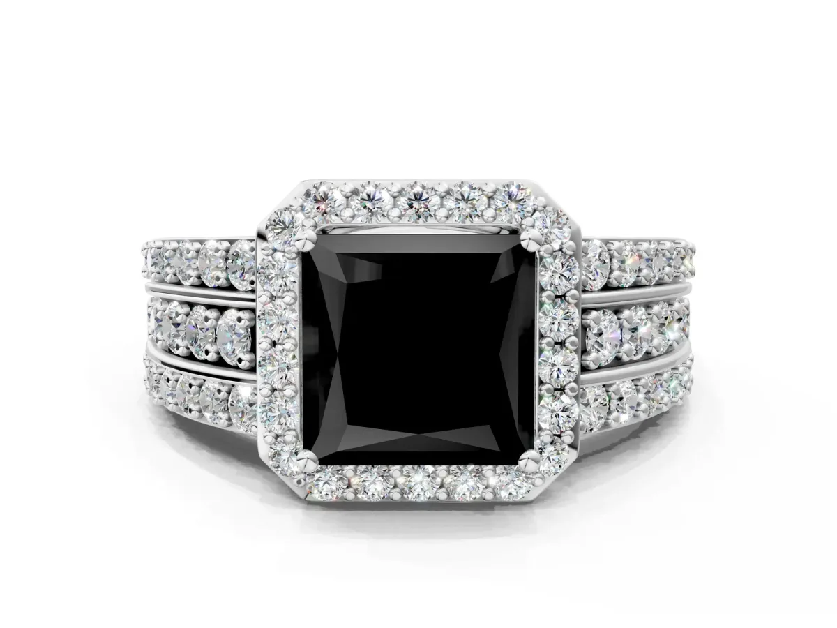 Fancy Black Princess Cut Halo Diamond Ring with Round Split Shank and Prong Setting Silver