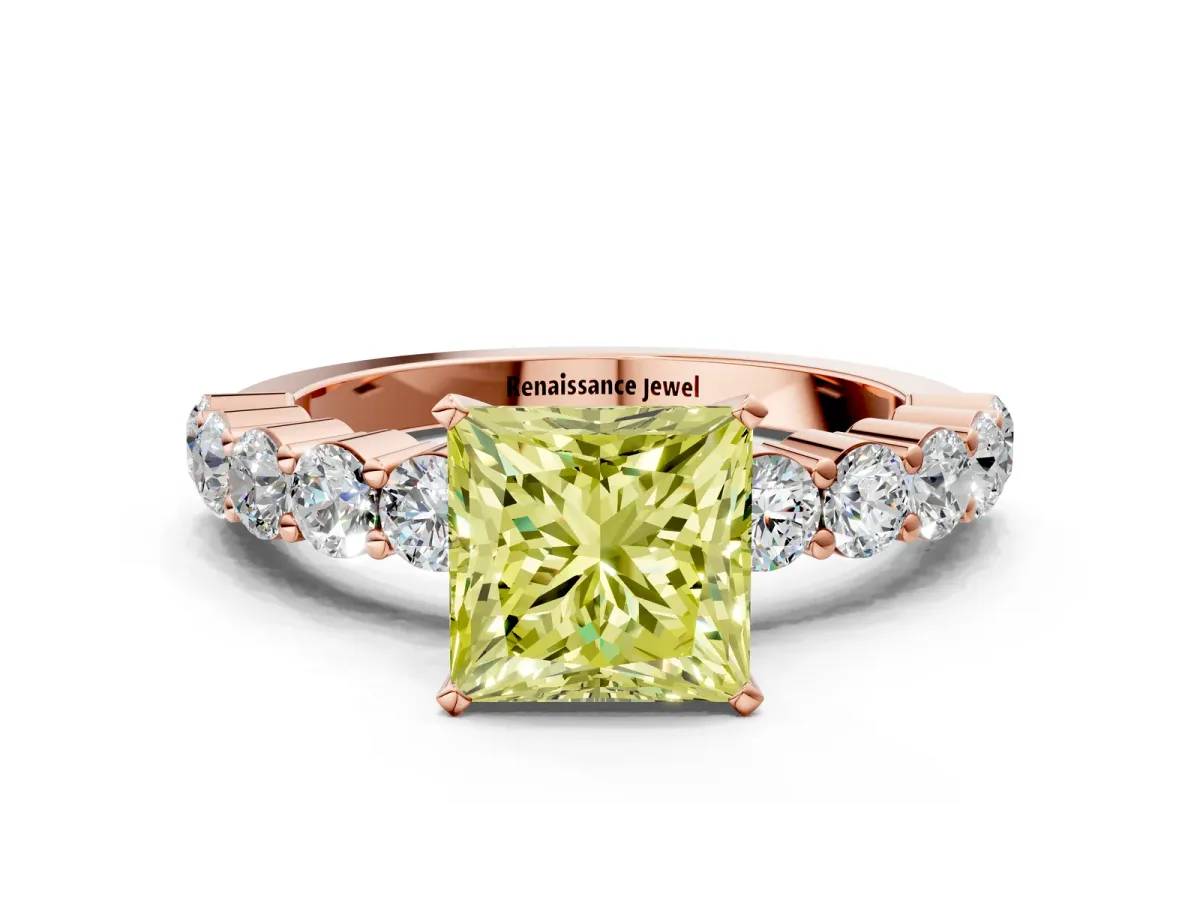 Fancy Yellow Princess Cut Diamond Solitaire Ring with Shared Prong Round Side Stones Rose gold
