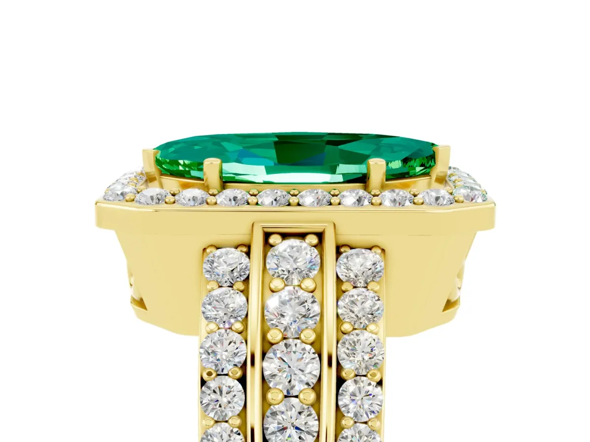 Marquise Cut Halo Emerald Ring with Round Split Shank and Prong Setting Yellow gold