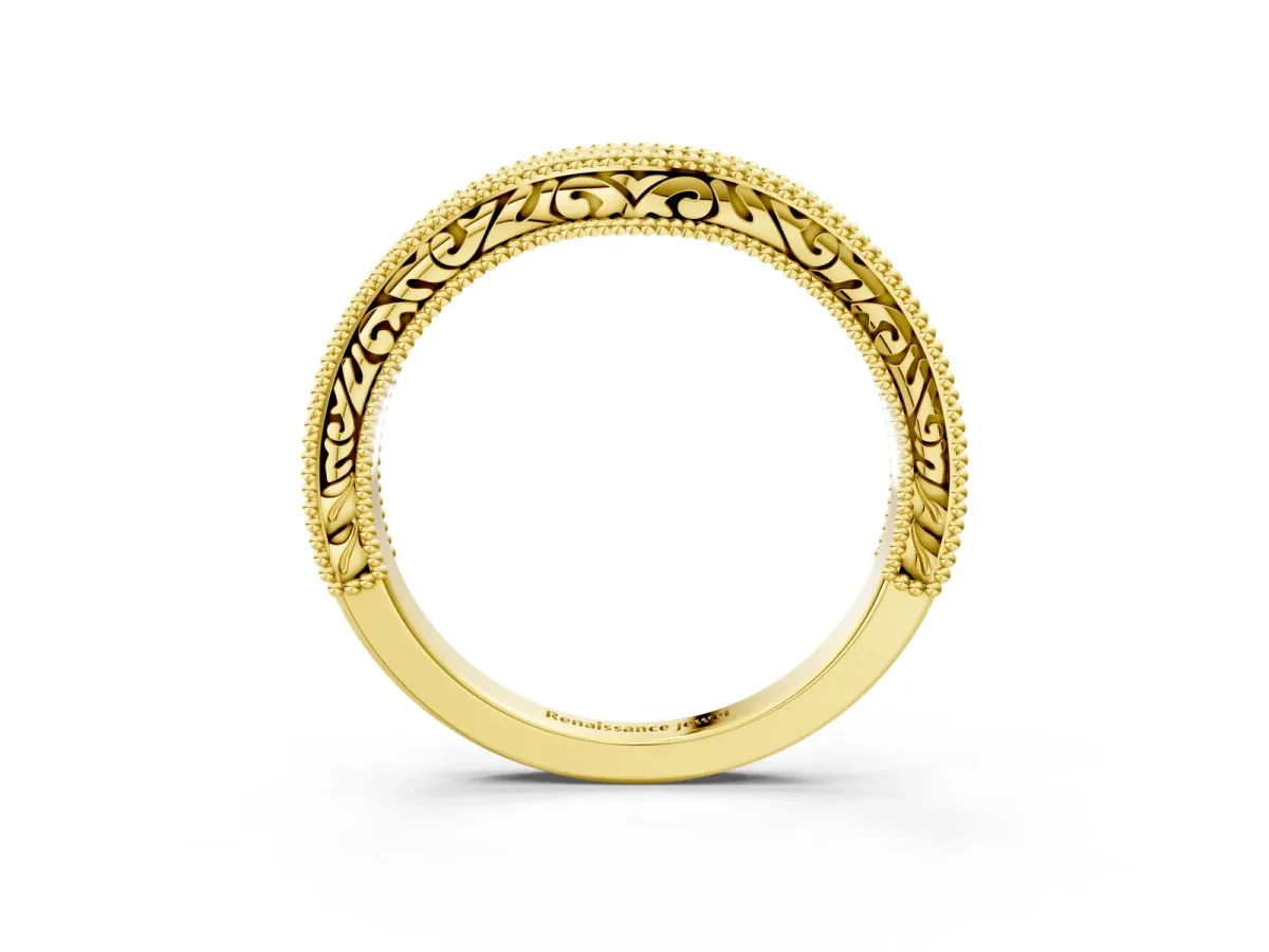 Pave Round Diamond Curved Milgrain Band Yellow gold
