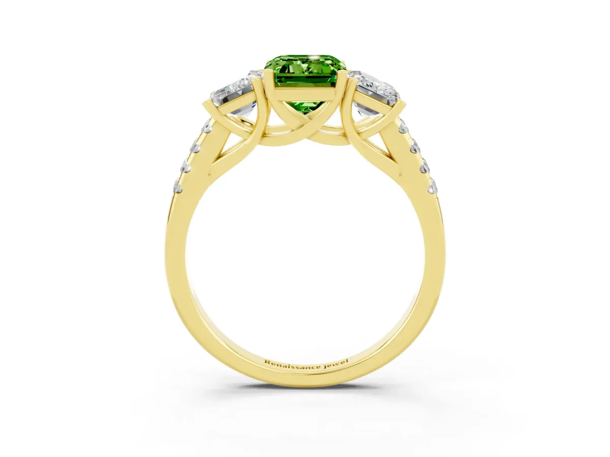 Three-Stone Emerald Cut Peridot Ring with Round Pavé Band and Prong Setting Yellow gold