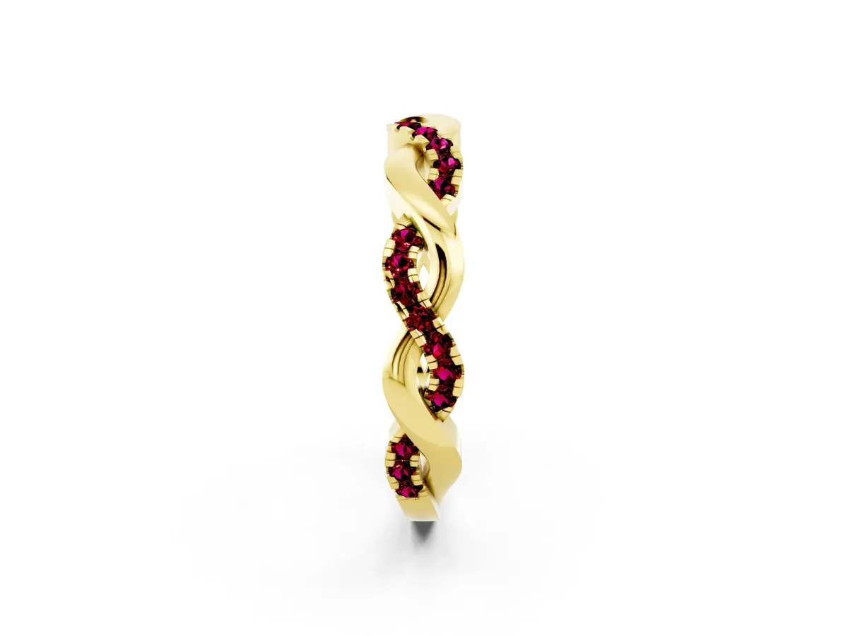 Pavé Round Garnet Twist Eternity Band with Shared Prong Setting Yellow gold