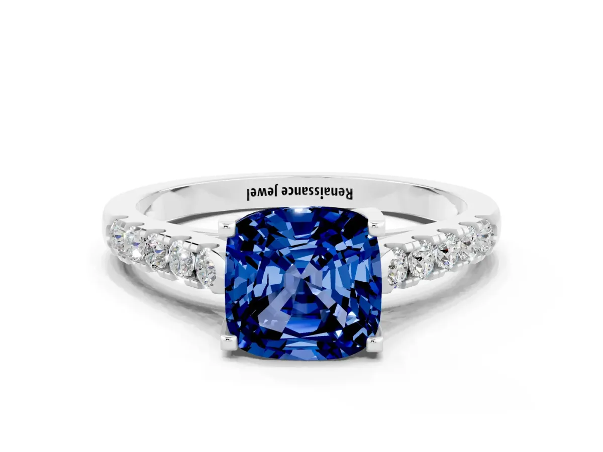 Cushion Cut Blue Sapphire Pavé Band Solitaire Ring with Prong Setting Platinum