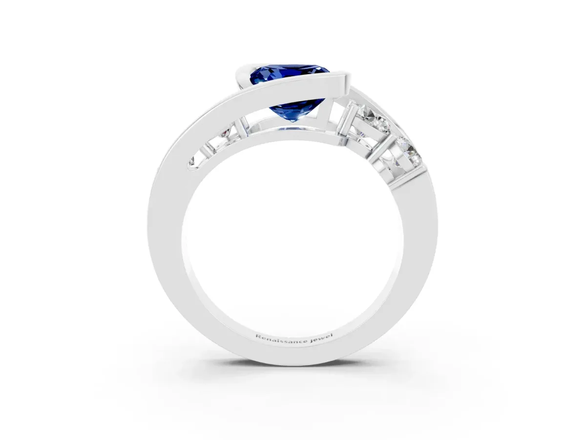 Bezel Set Cushion Cut Blue Sapphire Bypass Ring with Round Accents Silver