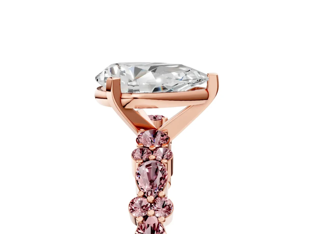 Pear Cut Diamond Side Stone Solitaire Ring with Round Morganite and Four-Prong Setting Rose gold