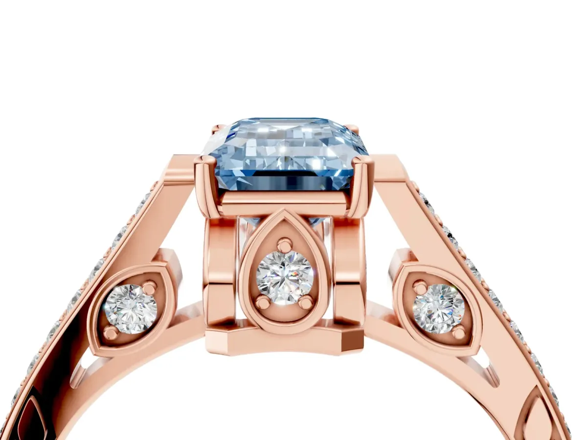 Fancy Blue Emerald Cut Cut Cathedral Pave Diamond Engagement Ring with Six-Prong Setting Rose gold