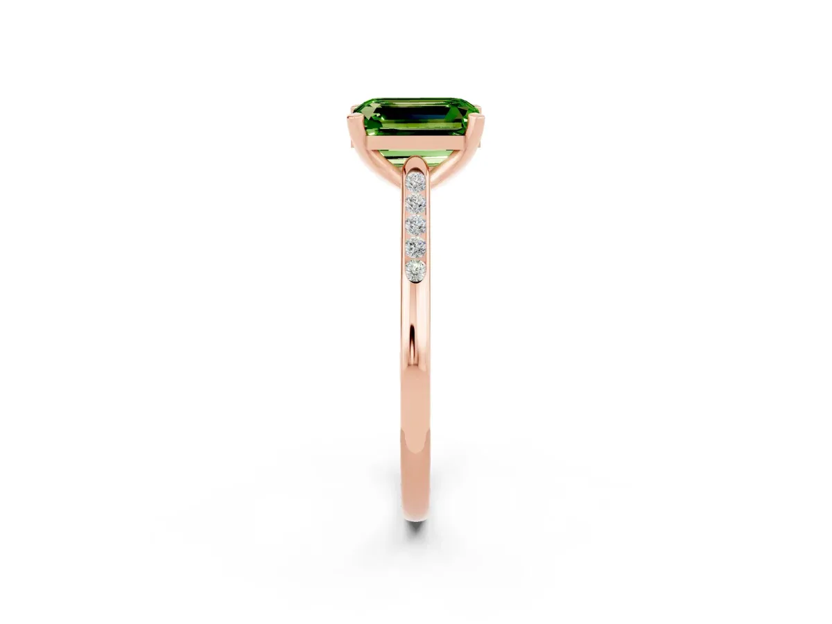 Emerald Cut Peridot Solitaire Ring with Channel Set Round Band and Prong Setting Rose gold