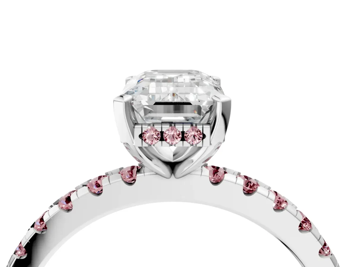 Emerald Cut Diamond Solitaire Ring with Round Morganite Pavé Band and Four-Prong Setting Silver