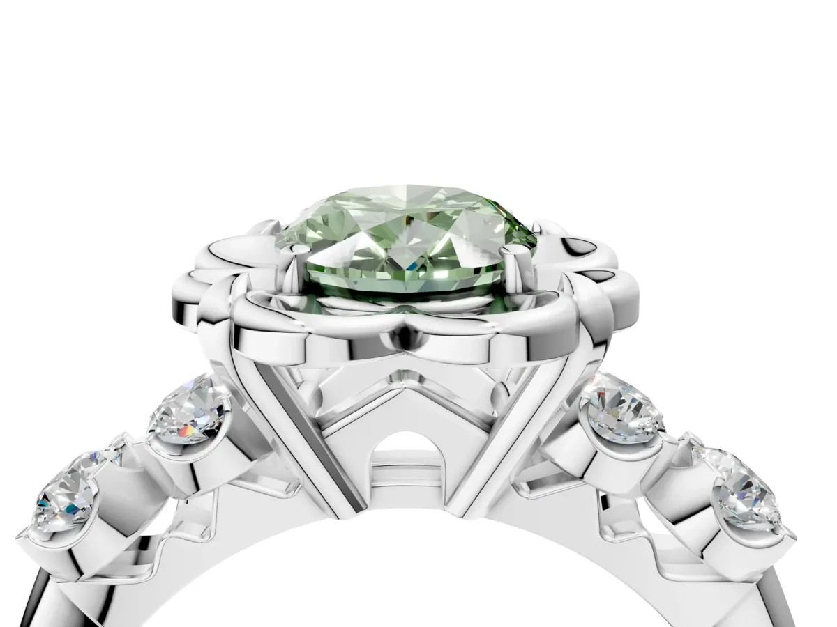 Fancy Green Oval Cut Cut Diamond Floral Halo Engagement Ring with Shared Prong Setting Silver