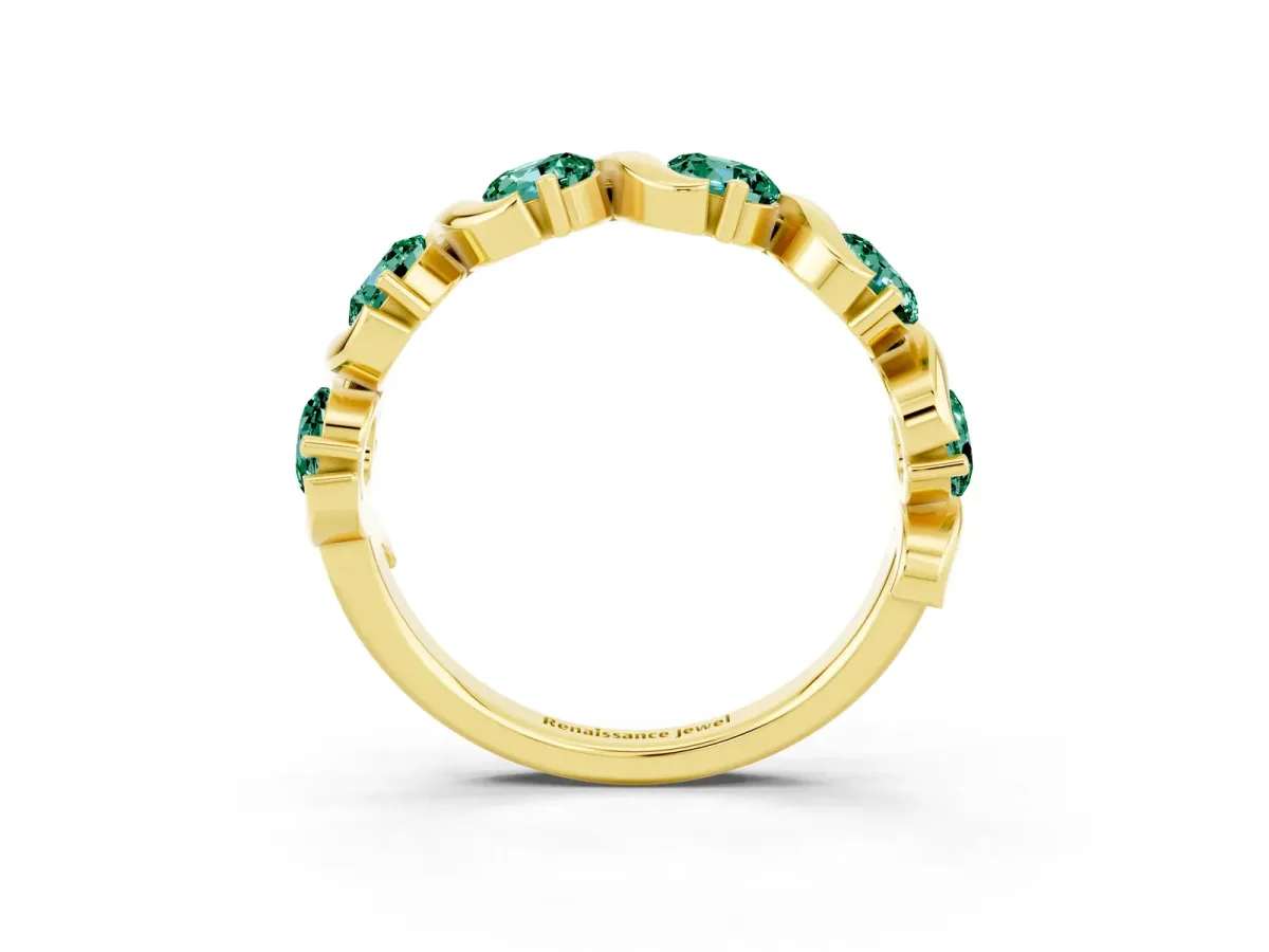 Round Green Sapphire Half Eternity Band with Wave Prong Setting Yellow gold