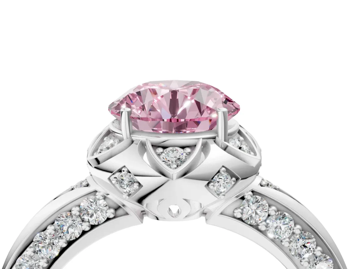 Fancy Pink Round Cut Halo Split Shank Pave Diamond Ring with Petal Prong Setting Platinum
