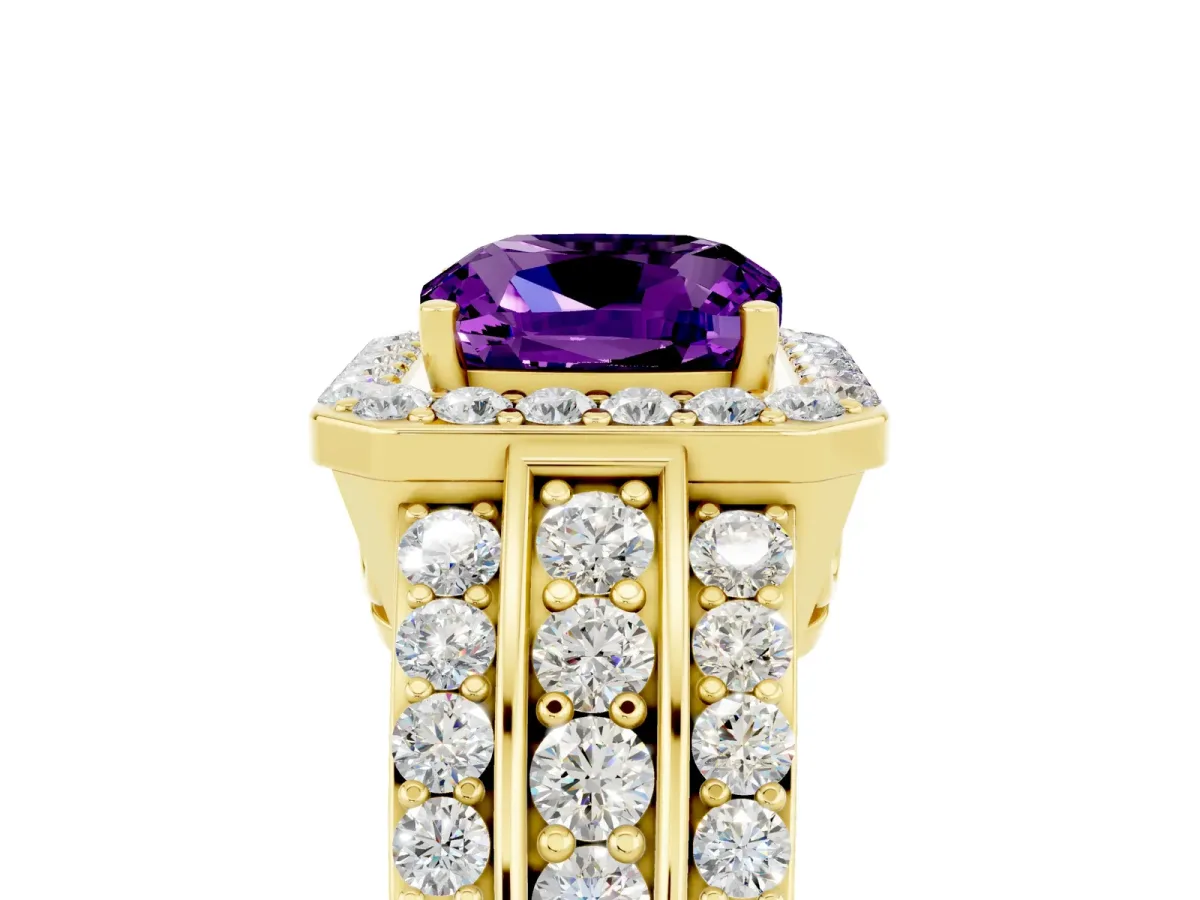 Cushion Cut Halo Amethyst Ring with Round Split Shank and Prong Setting Yellow gold