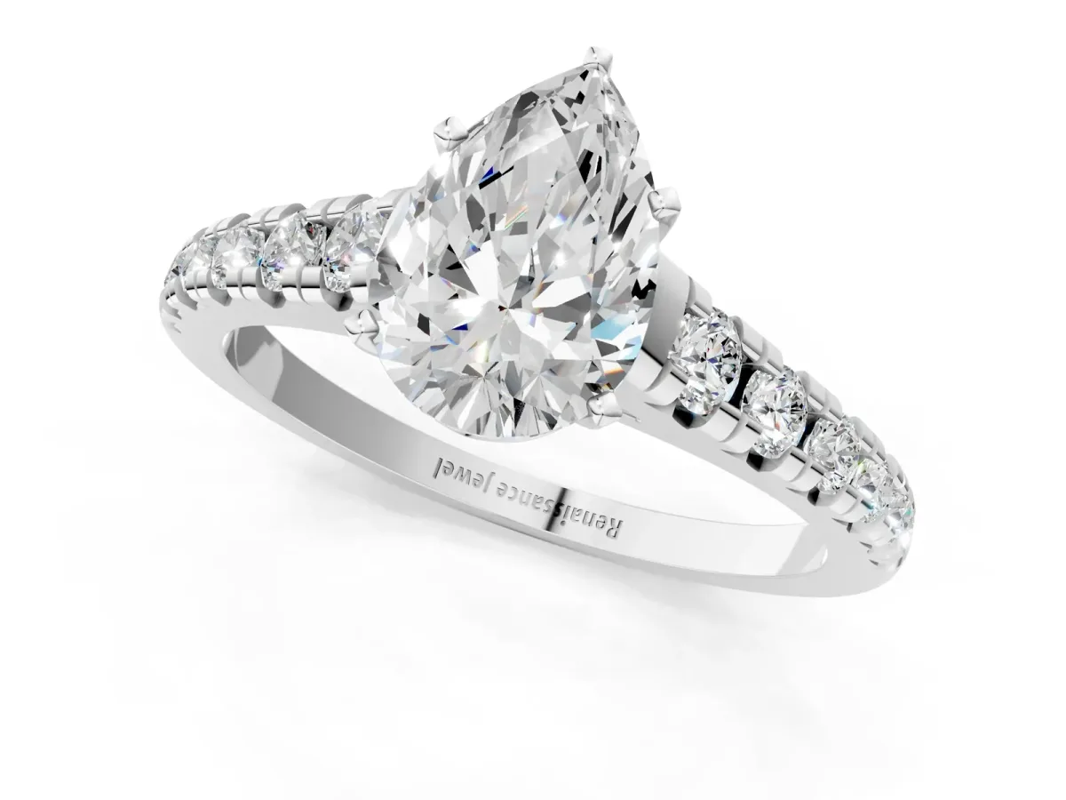 Pear Cut Diamond Cathedral Solitaire Ring with Round Moissanite Pavé Band Silver