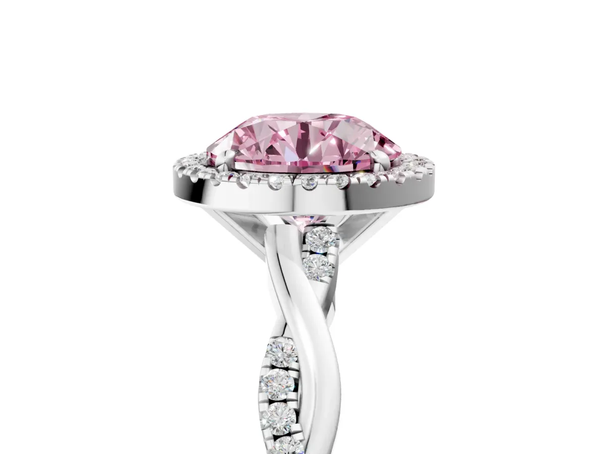 Fancy Pink Round Cut Cut Halo Twisted Band Four-Prong Ring Platinum