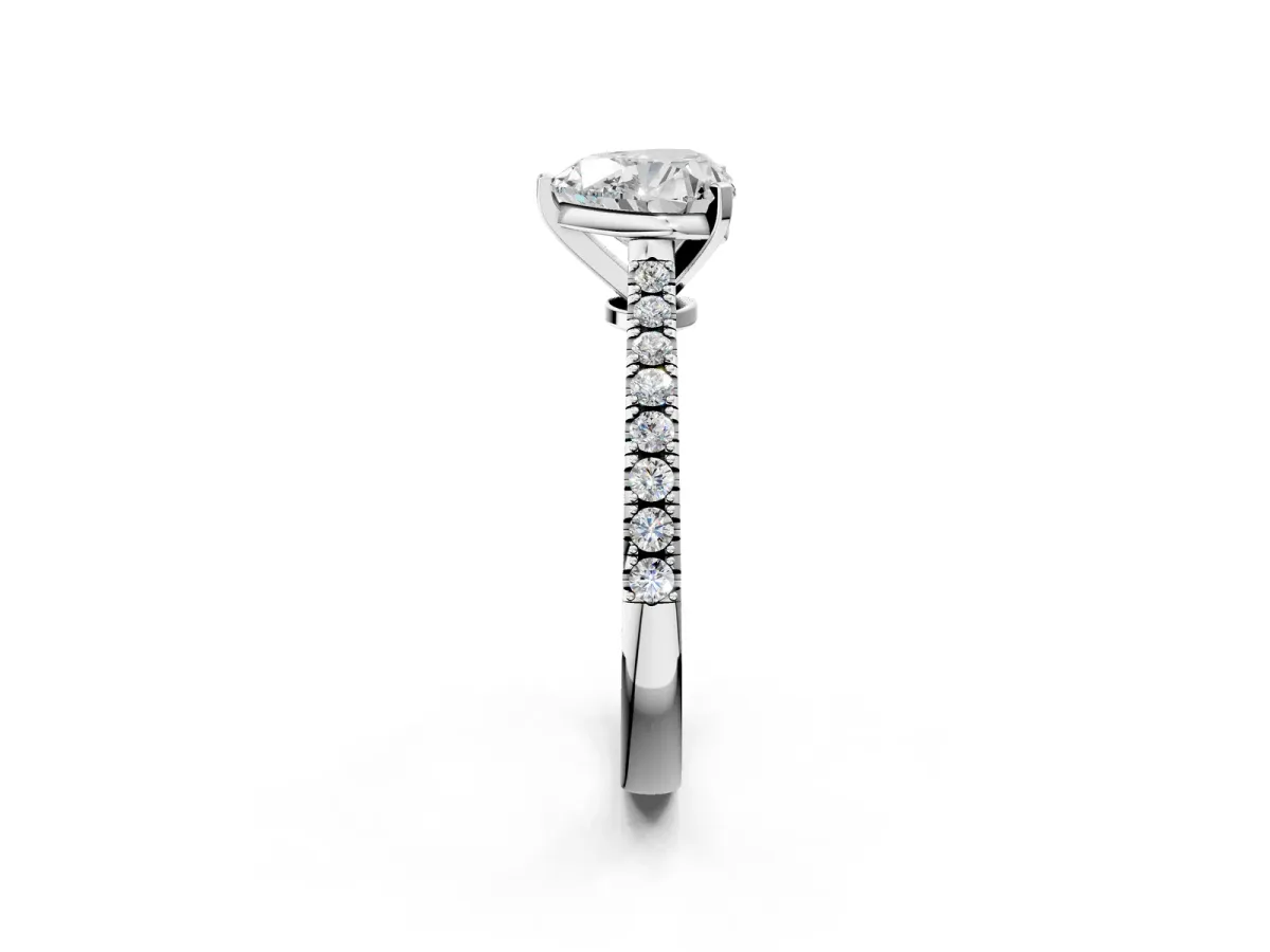 Heart Cut Cut Solitaire Diamond Engagement Ring with Pave Band and Four-Prong Setting Silver