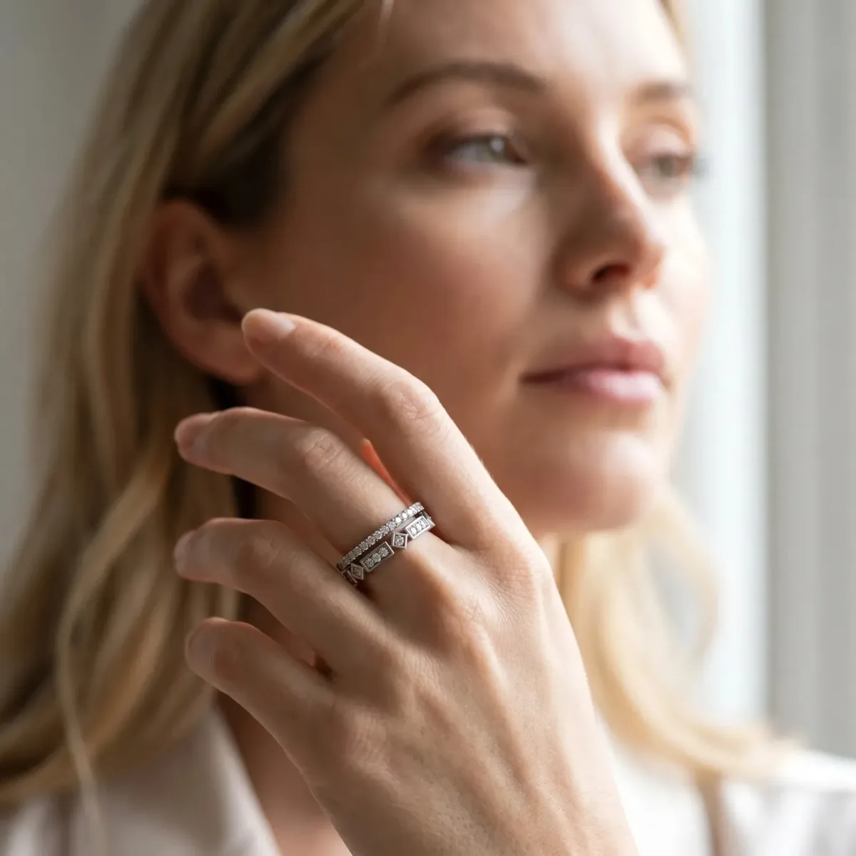 Pavé Round Diamond Channel Set Dual Band with Prong Setting Silver