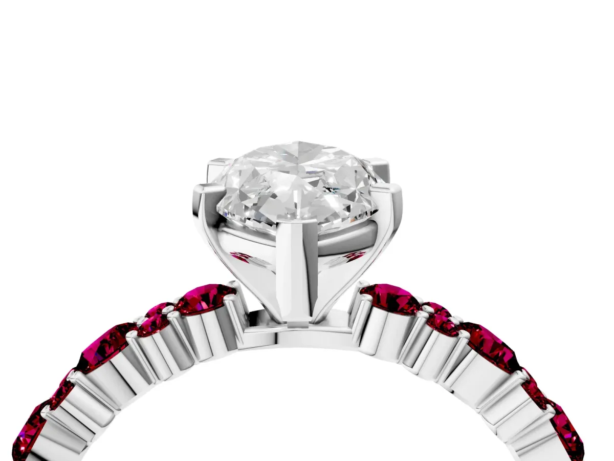 Marquise Cut Diamond Side Stone Solitaire Ring with Round Garnet and Four-Prong Setting Platinum