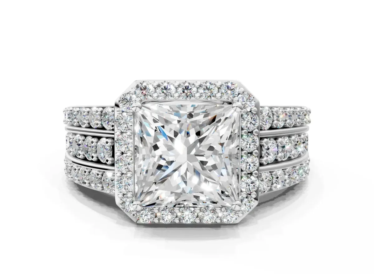 Princess Cut Halo Diamond Ring with Round Split Shank and Prong Setting White gold