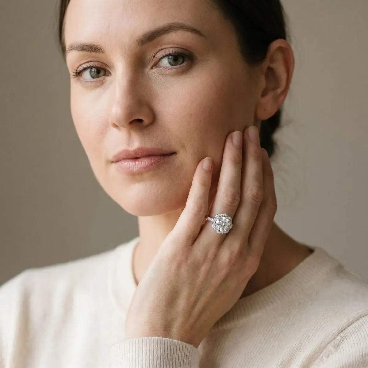 Round Cut Halo Diamond Floral Pave Band Ring with Four-Prong Setting Silver