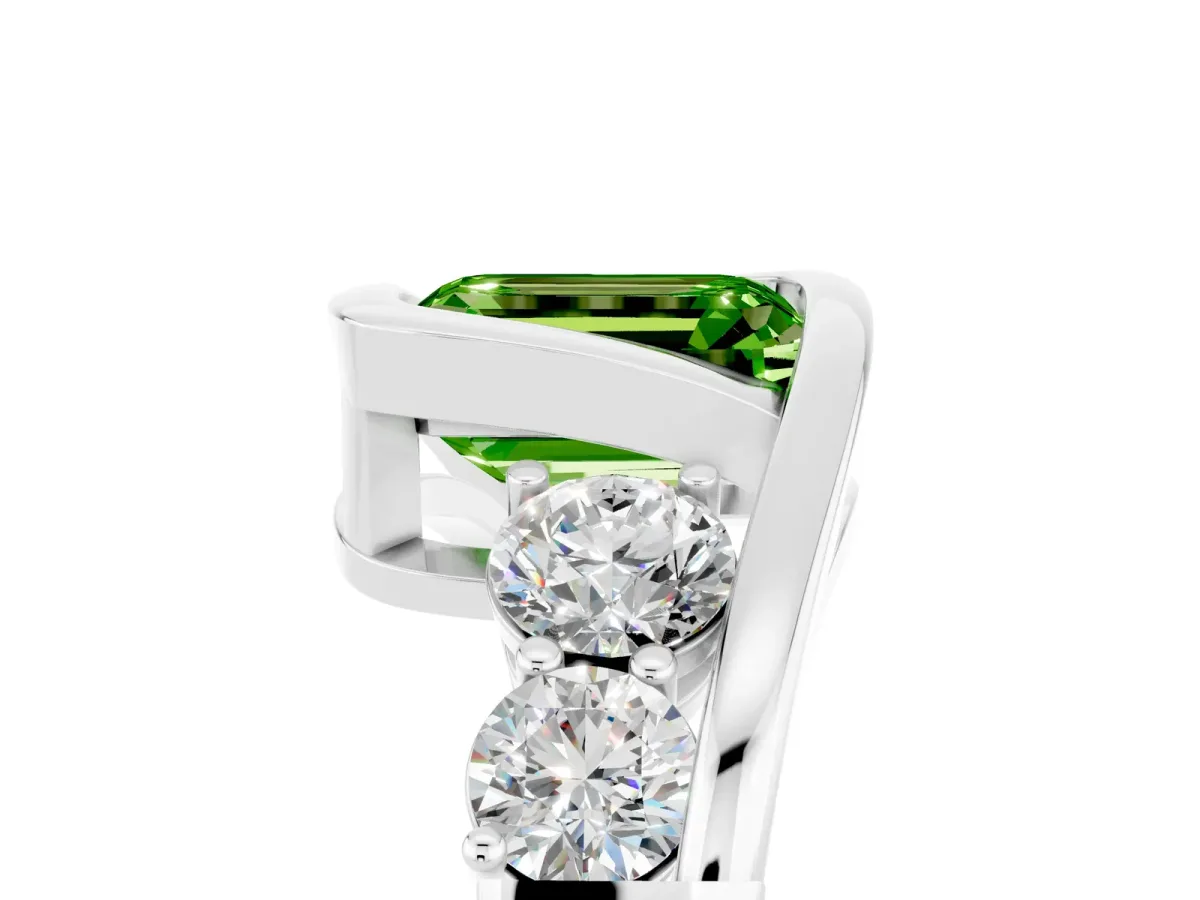 Bezel Set Emerald Cut Peridot Bypass Ring with Round Accents Platinum