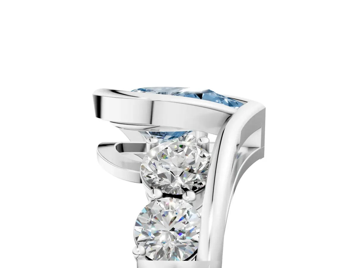 Fancy Blue Bezel Set Pear Cut Diamond Bypass Ring with Round Accents Silver