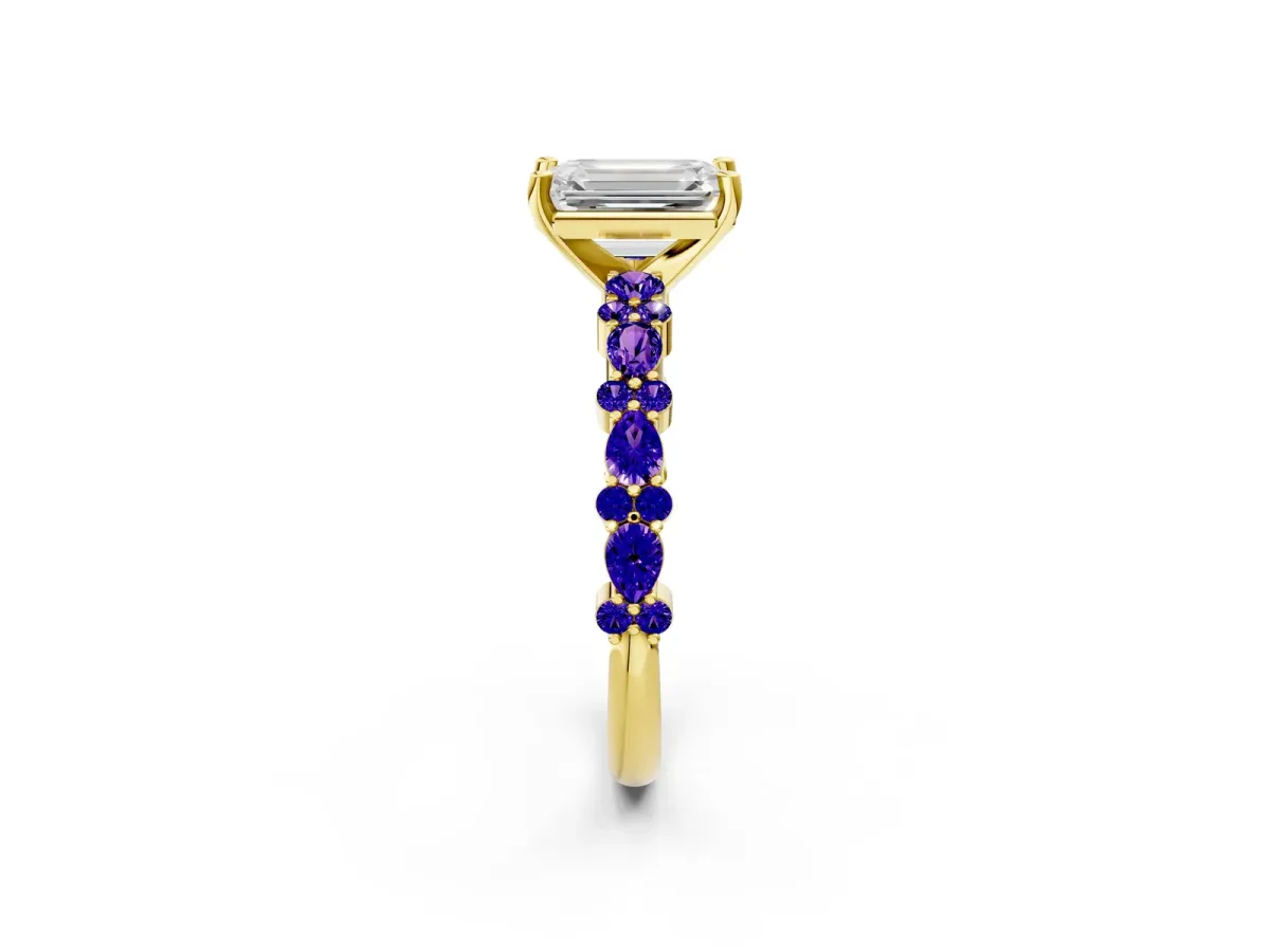 Emerald Cut Diamond Side Stone Solitaire Ring with Round Tanzanite and Four-Prong Setting Yellow gold