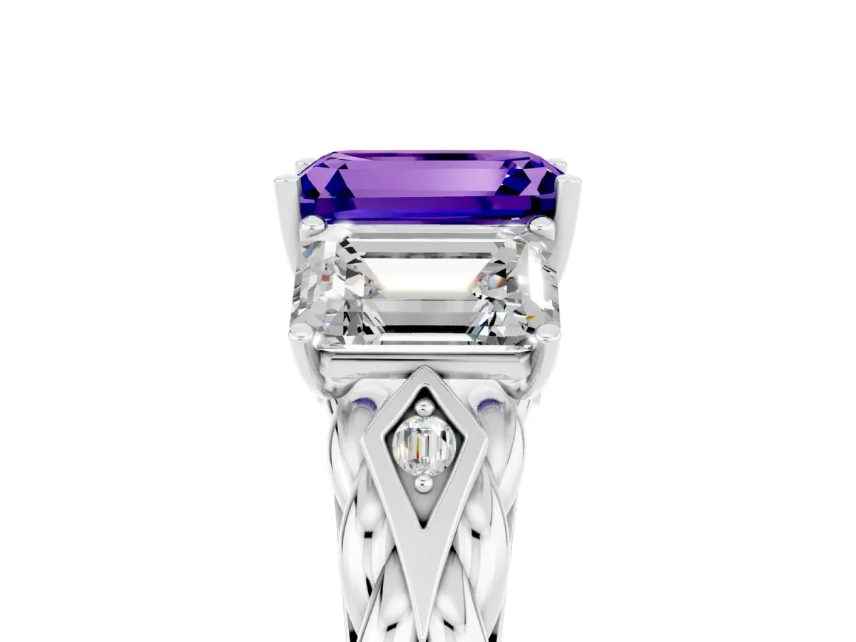 Three-Stone Emerald Cut Tanzanite Braided Band Ring with Four-Prong Setting Platinum