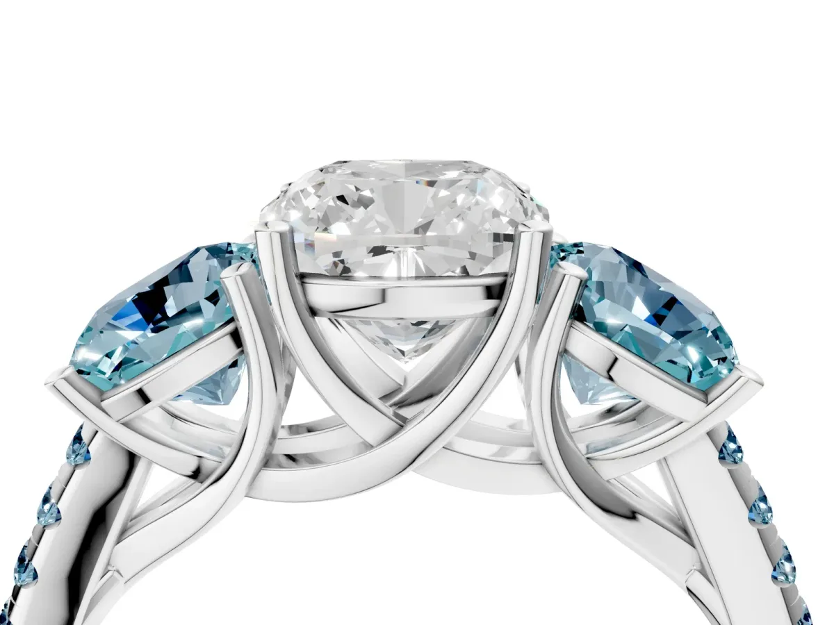Three-Stone Cushion Cut Diamond Ring with Round Aquamarine Pavé Band and Prong Setting Silver