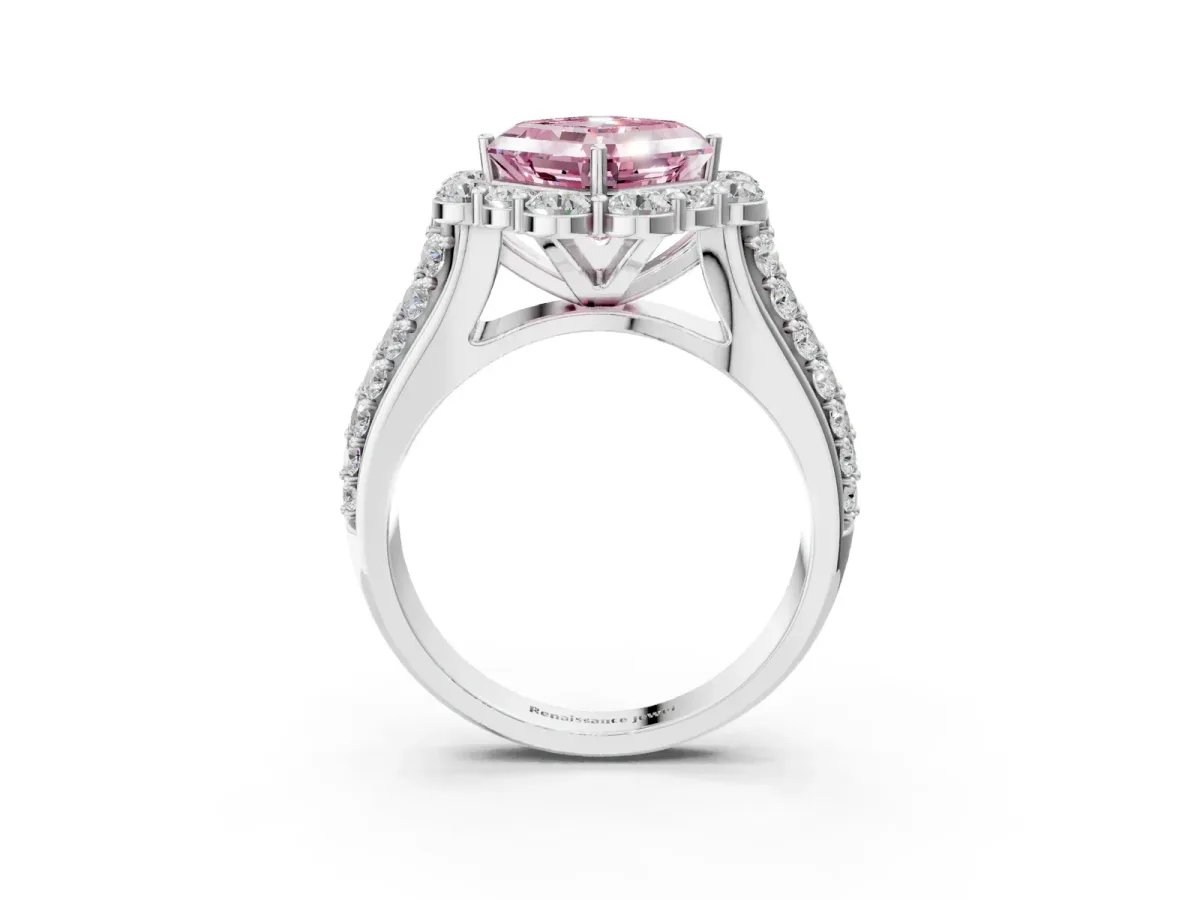 Fancy Pink Asscher Cut Halo Diamond Engagement Ring with Split Shank and Prong Setting Platinum
