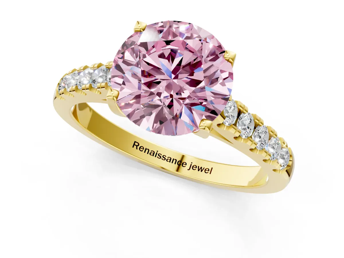 Fancy Pink Round Cut Diamond Pavé Band Solitaire Ring with Prong Setting Yellow gold