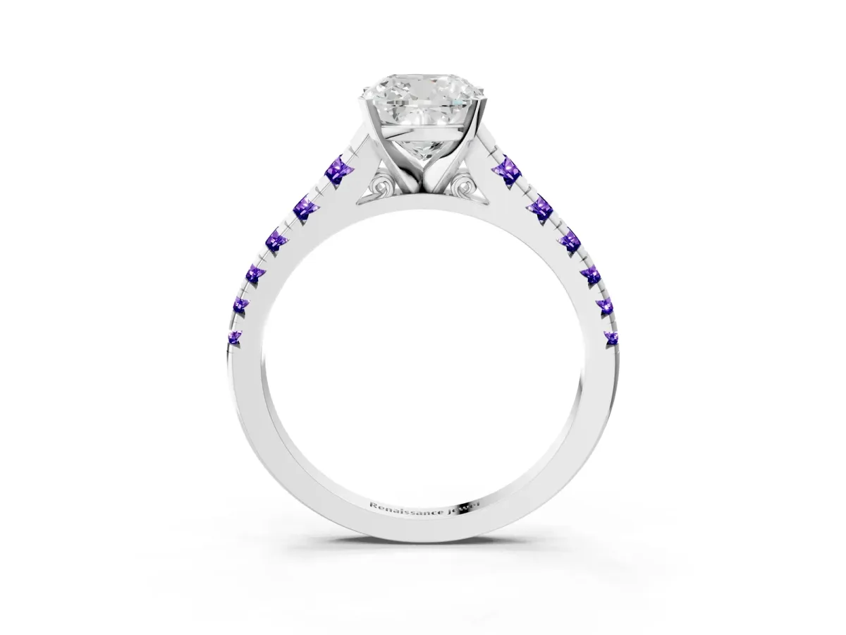 Cushion Cut Diamond Cathedral Solitaire Ring with Round Tanzanite Pavé Band Silver