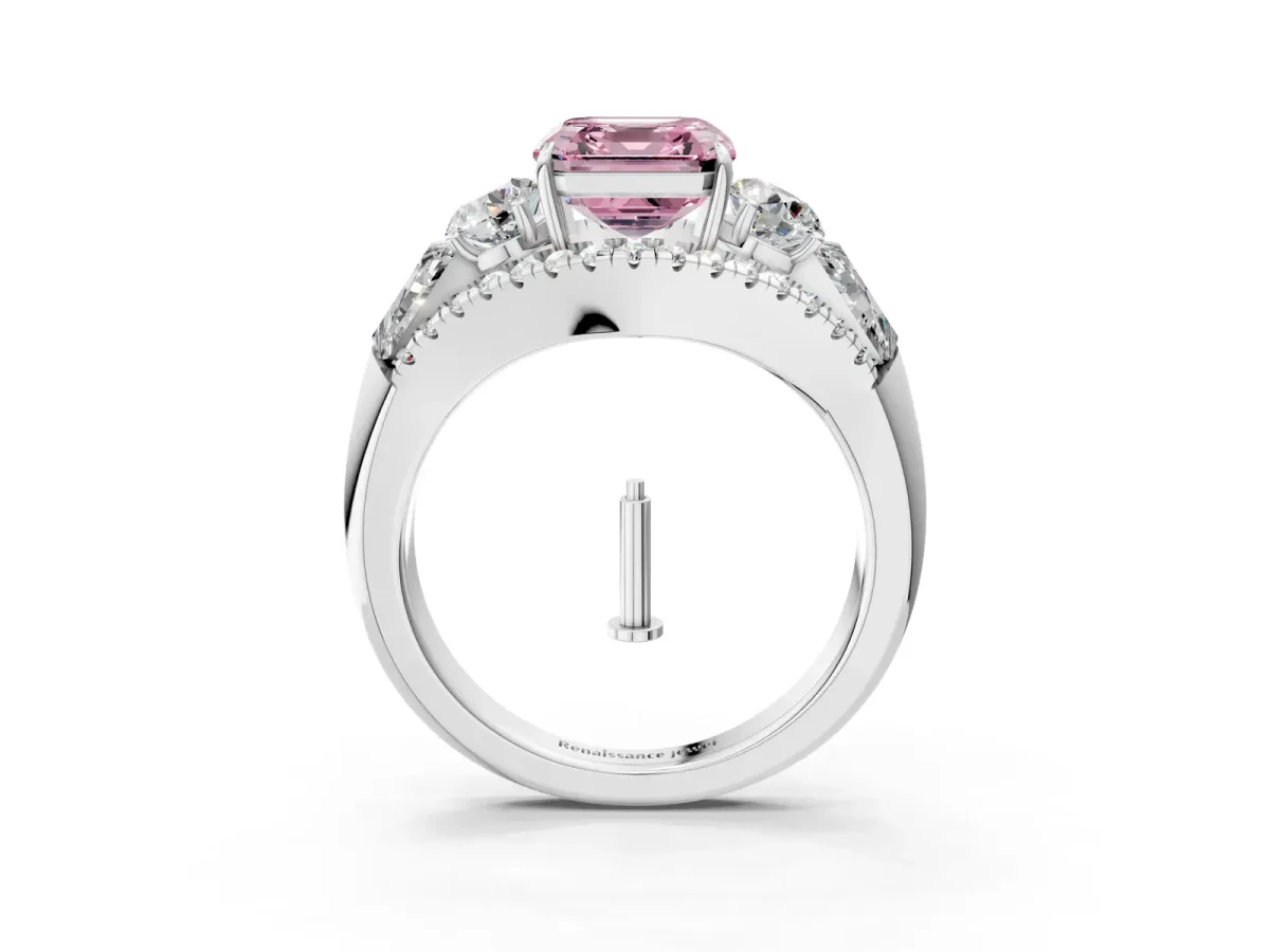 Fancy Pink Three-Stone Asscher Cut Diamond Engagement Ring with Pave Band and Prong Setting Platinum