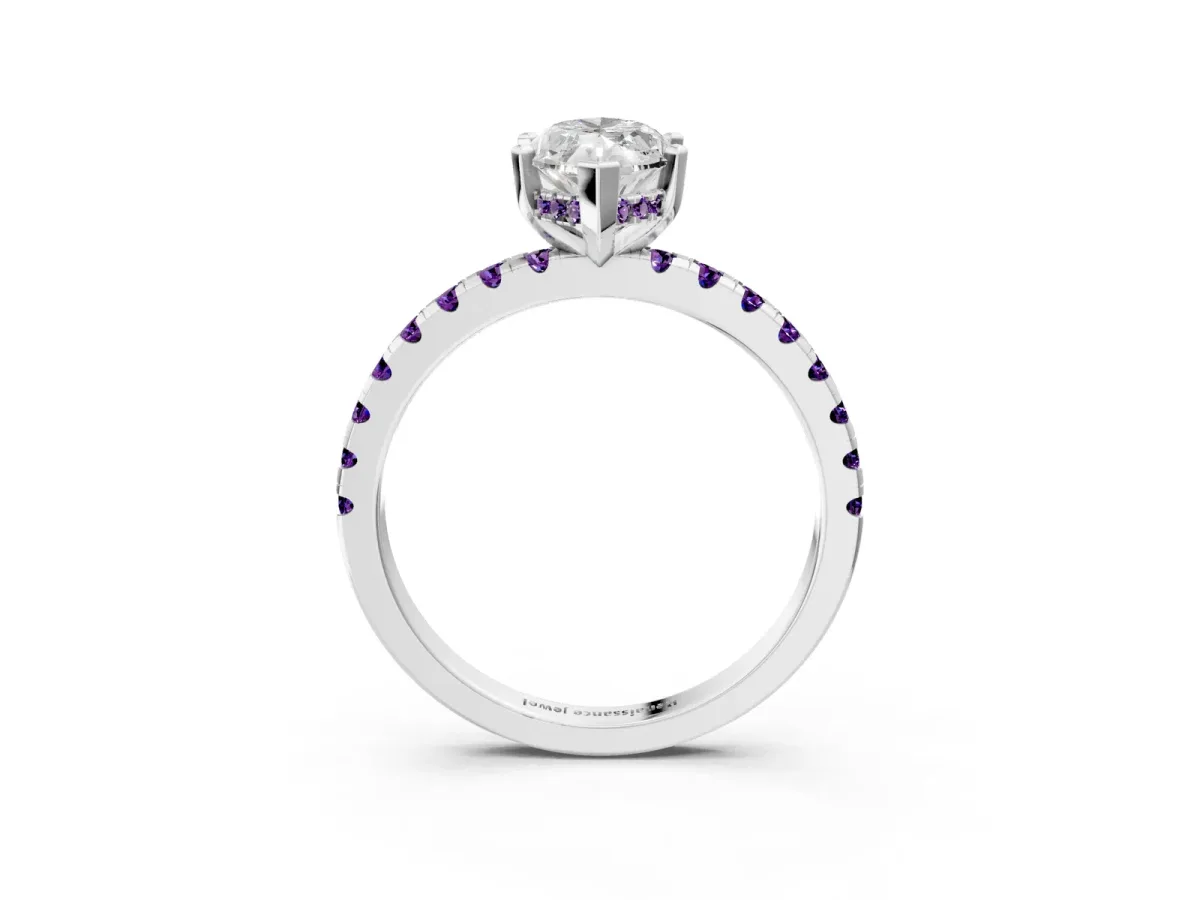 Marquise Cut Diamond Solitaire Ring with Round Amethyst Pavé Band and Four-Prong Setting Silver