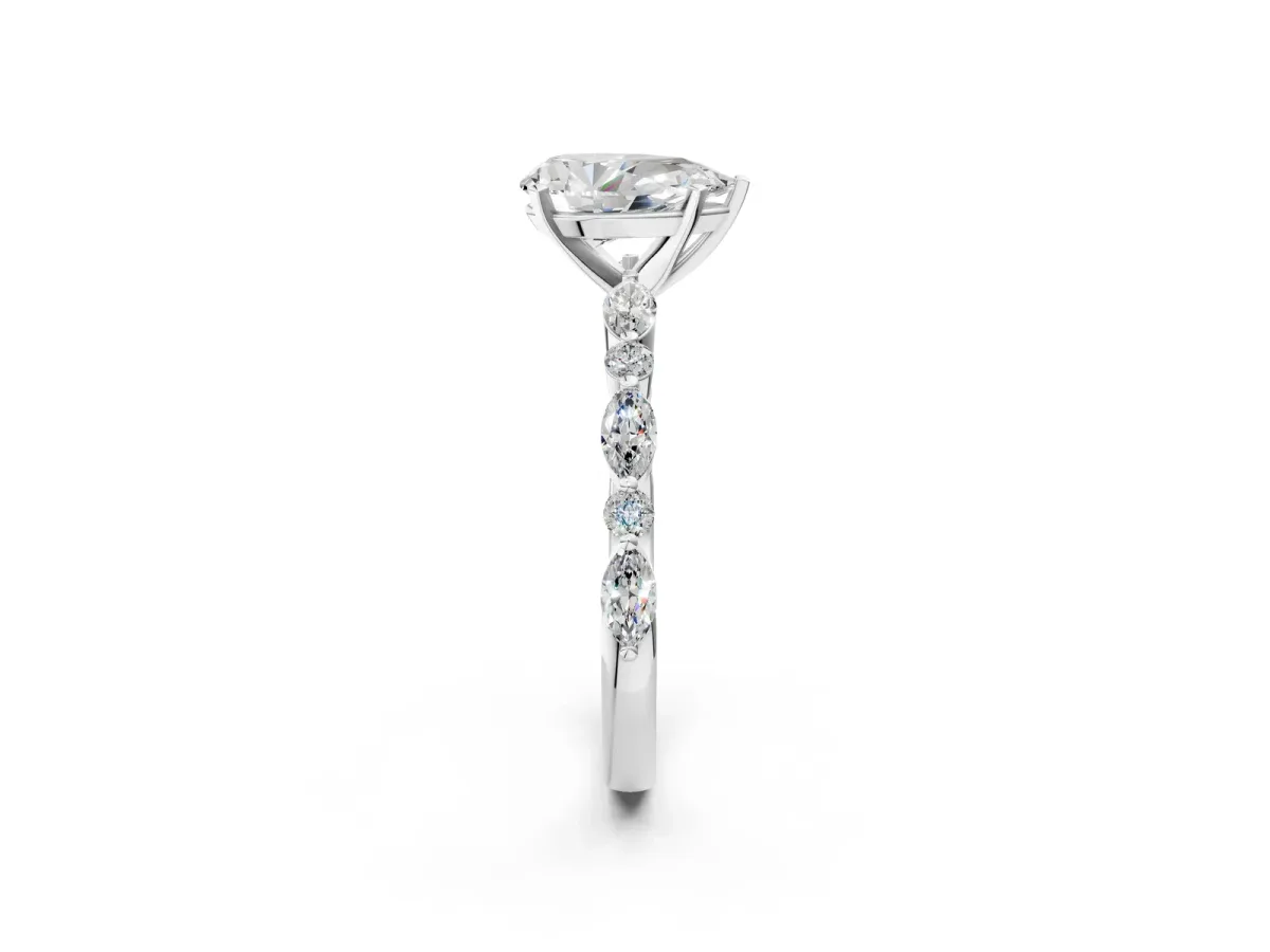 Pear Cut Diamond Ring with Marquise and Round Side Stones and Four-Prong Setting Silver
